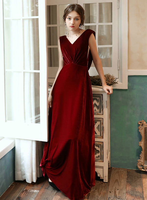 Hot Sale Burgundy Velvet V-neck Backless Floor Length Prom Dress 2020