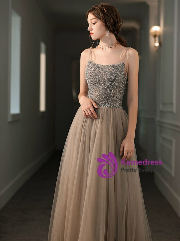 Luxury Champagne Tulle Spagehtti Straps Sleeveless Beading Prom Dress 2020