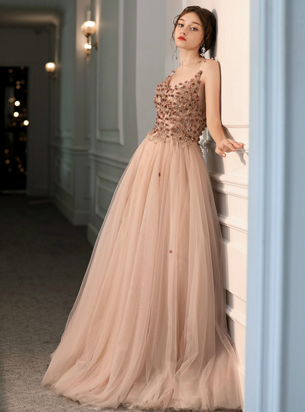 Sexy Pink V-neck Tulle Spaghetti Straps Appliques Beading Prom Dress 2020