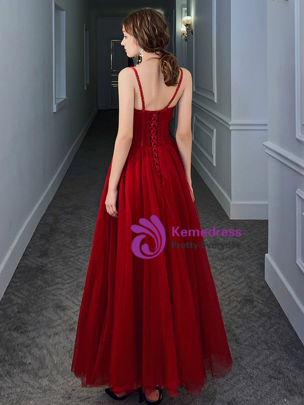 Fancy Burgundy Tulle Spagehtti Straps Beading Long Prom Dress 2020