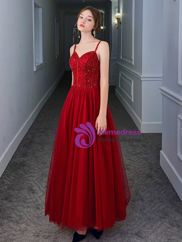 Fancy Burgundy Tulle Spagehtti Straps Beading Long Prom Dress 2020