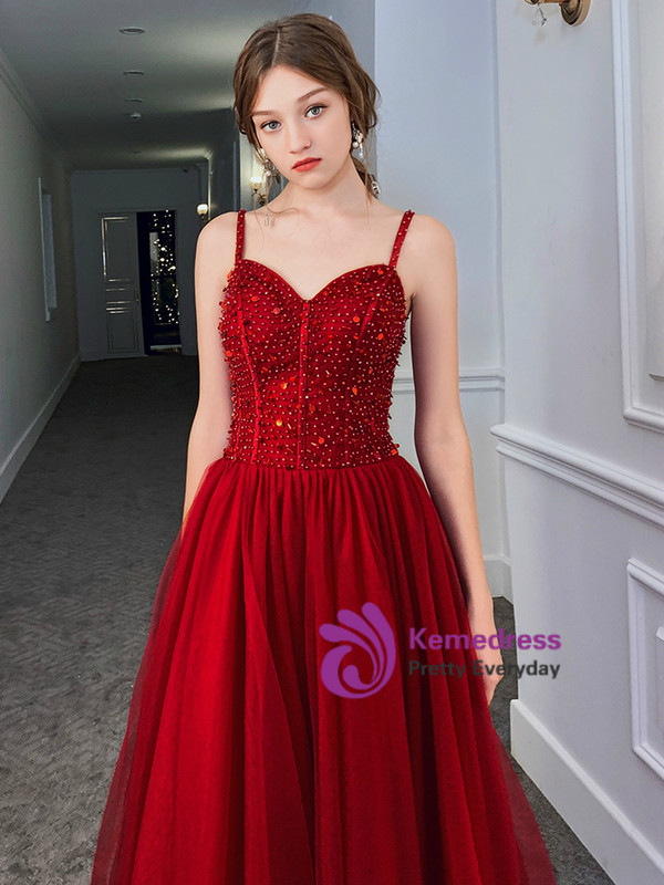 Fancy Burgundy Tulle Spagehtti Straps Beading Long Prom Dress 2020