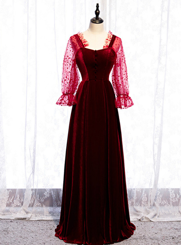Burgundy Velvet Square Wave Point Long Sleeve Backless Prom Dress 2020
