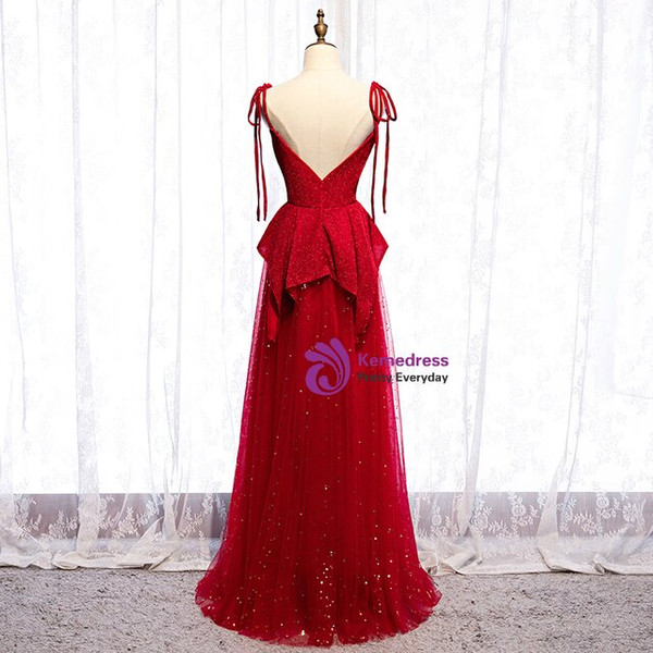 Delicate Red Tulle Spagehtti Straps Sequins Sleeveless Long Prom Dress 2020
