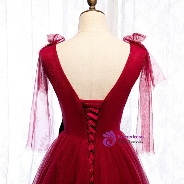 Stylish Burgundy Tulle V-neck Pleats Prom Dress With Bow 2020