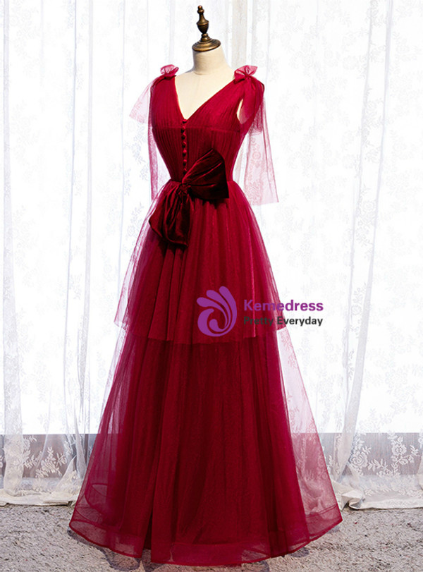 Stylish Burgundy Tulle V-neck Pleats Prom Dress With Bow 2020