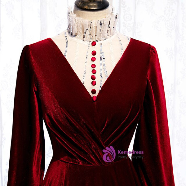 Dark Burgundy Velvet High Neck Long Sleeve Pleats Prom Dress With Button 2020
