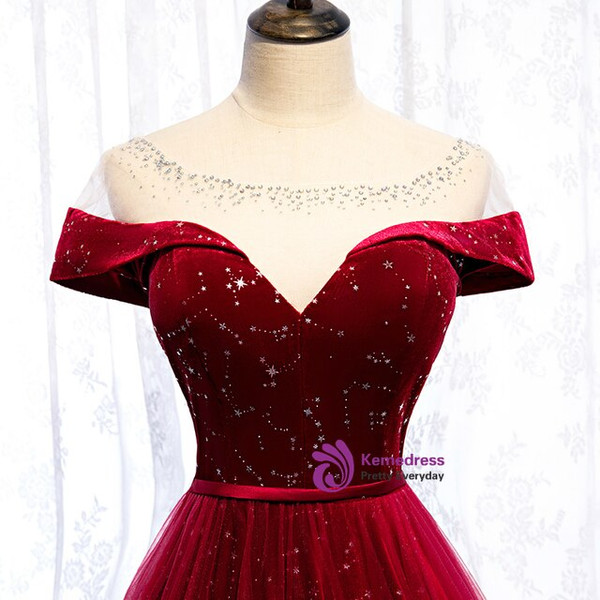 A-Line Burgundy Tulle Star Sequins Cap Sleeve Long Prom Dress 2020