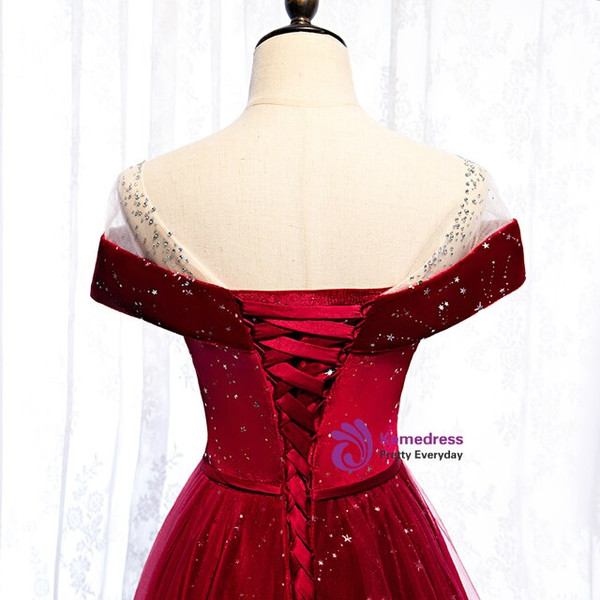 A-Line Burgundy Tulle Star Sequins Cap Sleeve Long Prom Dress 2020