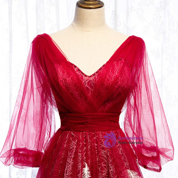 Brilliant Red Tulle V-neck Long Sleeve Backless Long Prom Dress 2020