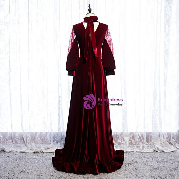 Wonderful Dark Burgundy Velvet High Neck Long Sleeve Long Prom Dress With Bow 2020