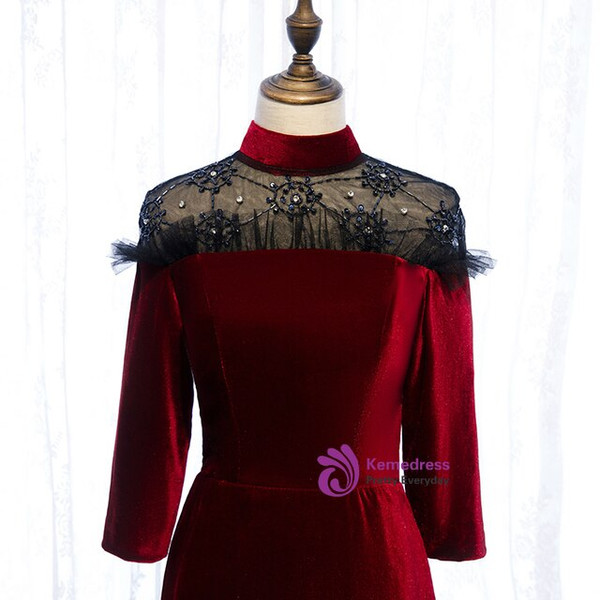 Gorgeous Dark Burgundy Velvet High Neck Short Sleeve Floor Length Prom Dress With Beading 2020