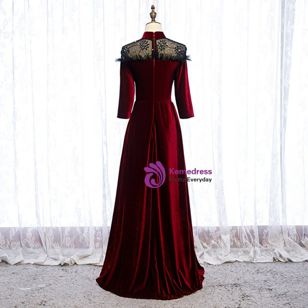 Gorgeous Dark Burgundy Velvet High Neck Short Sleeve Floor Length Prom Dress With Beading 2020