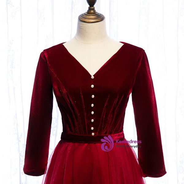 Burgundy Tulle Velvet V-neck 3/4 Sleeve Floor Length Prom Dress With Button 2020