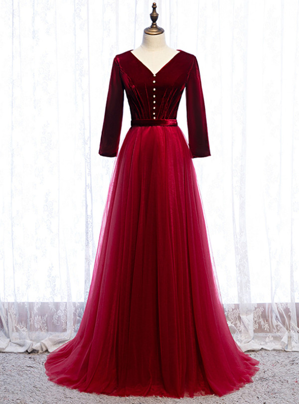 Burgundy Tulle Velvet V-neck 3/4 Sleeve Floor Length Prom Dress With Button 2020