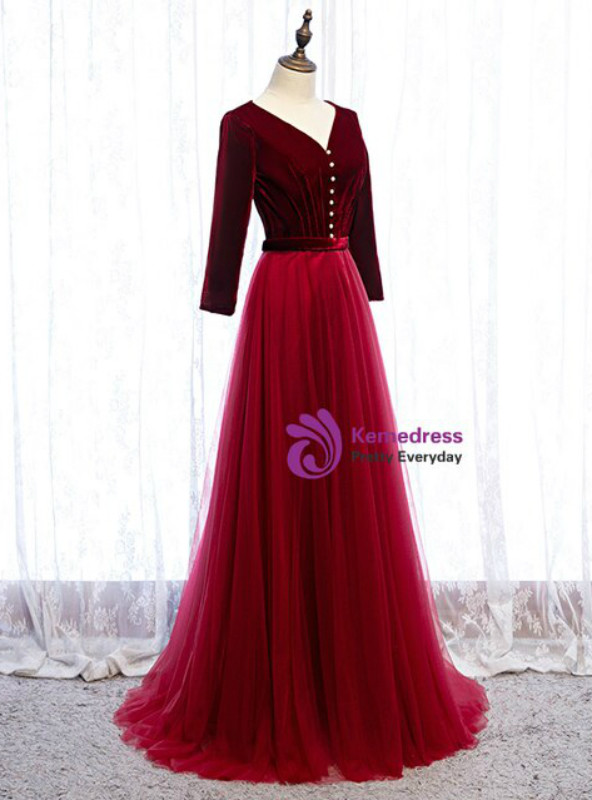 Burgundy Tulle Velvet V-neck 3/4 Sleeve Floor Length Prom Dress With Button 2020