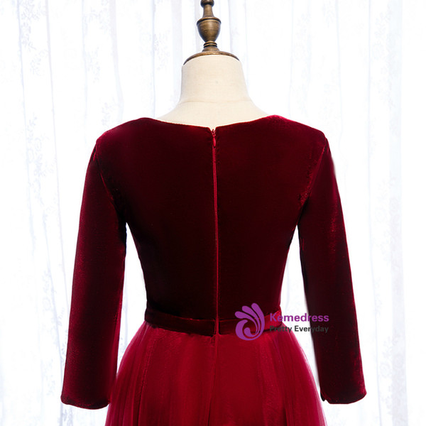 Burgundy Tulle Velvet V-neck 3/4 Sleeve Floor Length Prom Dress With Button 2020