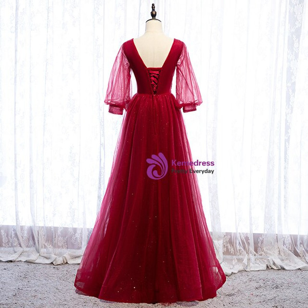 Charming Burgundy Tulle V-neck Puff Sleeve Prom Dress With Beading 2020