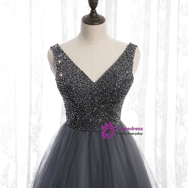 Lovely Gray Tulle V-neck Backless Sleeveless Beading Prom Dress 2020
