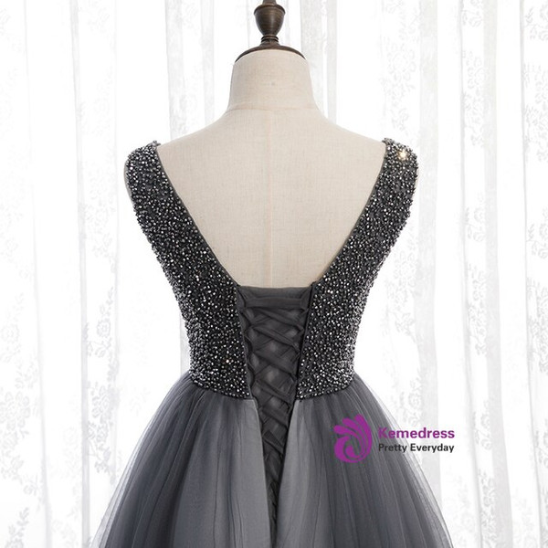 Lovely Gray Tulle V-neck Backless Sleeveless Beading Prom Dress 2020