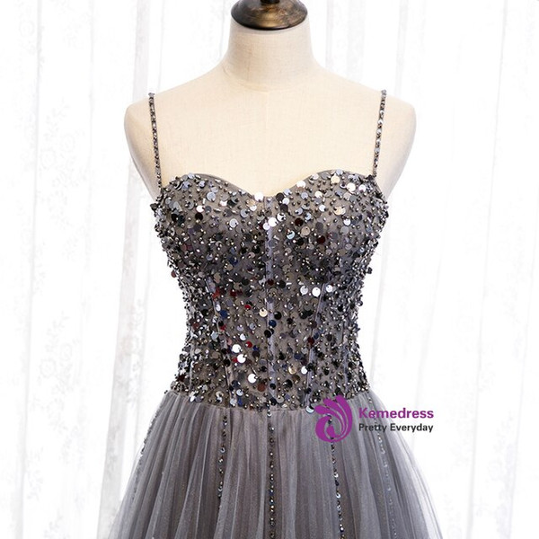 Gray Tulle Spagehtti Straps Sleeveless Sequins Floor Length Prom Dress 2020