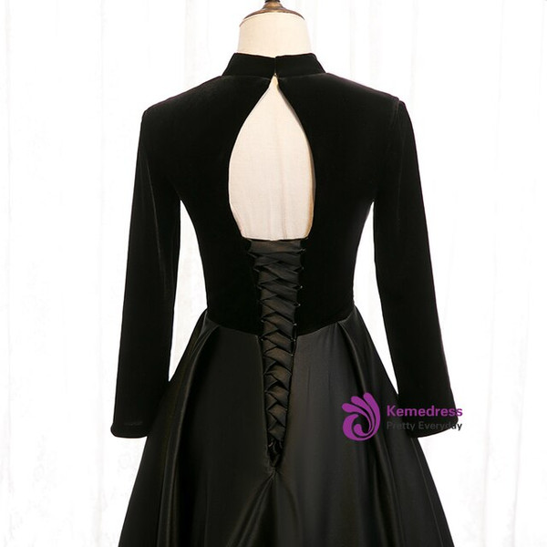 A-Line Black Satin High Neck Long Sleeve Backless Prom Dress With Bow 2020