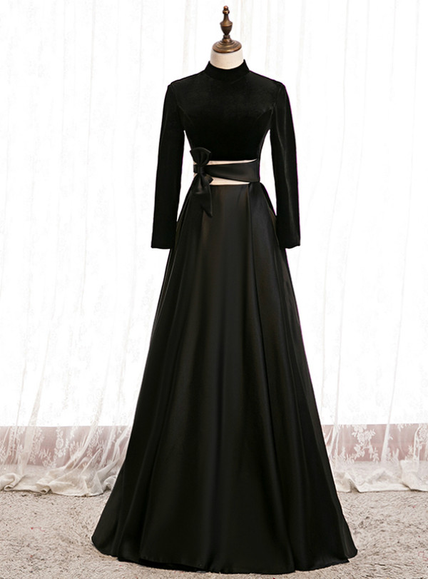 A-Line Black Satin High Neck Long Sleeve Backless Prom Dress With Bow 2020