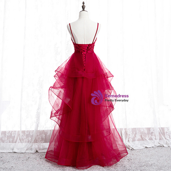 Adorable Burgundy Tulle Spagehtti Straps Appliques Beading Long Prom Dress 2020