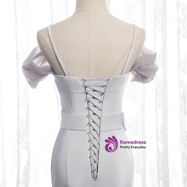 Marvelous Silver Gray Mermaid Satin Spagehtti Straps Prom Dress With Sash 2020