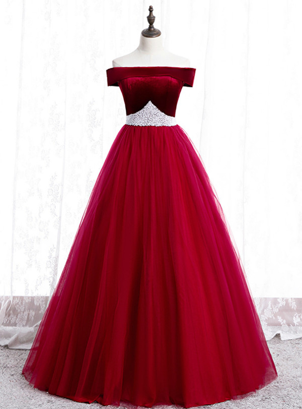 Amazing Burgundy Tulle Off the Shoulder Formal Prom Dress With Pearls 2020