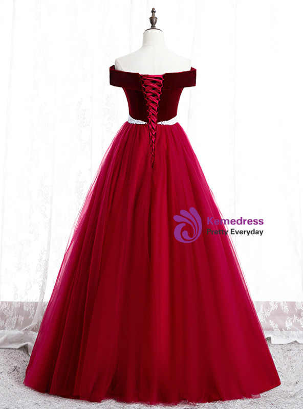 Amazing Burgundy Tulle Off the Shoulder Formal Prom Dress With Pearls 2020