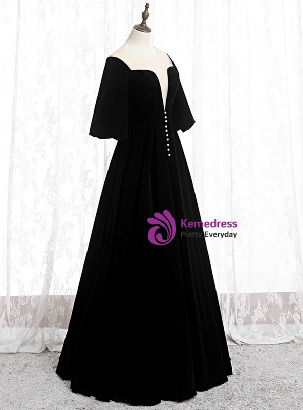 Black Velvet Horn Sleeve See Through Neck Floor Length Prom Dress 2020