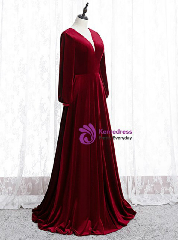Simple Burgundy Velvet Deep V-neck Long Sleeve Floor Length Prom Dress 2020