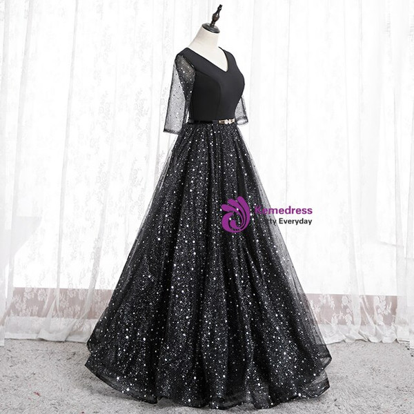 Black Tulle Sequins V-neck Short Sleeve Long Prom Dress With Sash 2020