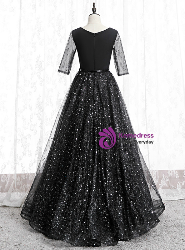 Black Tulle Sequins V-neck Short Sleeve Long Prom Dress With Sash 2020