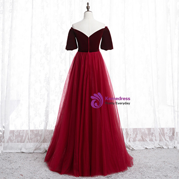 Marvelous Burgundy Tulle Velvet Off the Shoulder Short Sleeve Long Prom Dress 2020