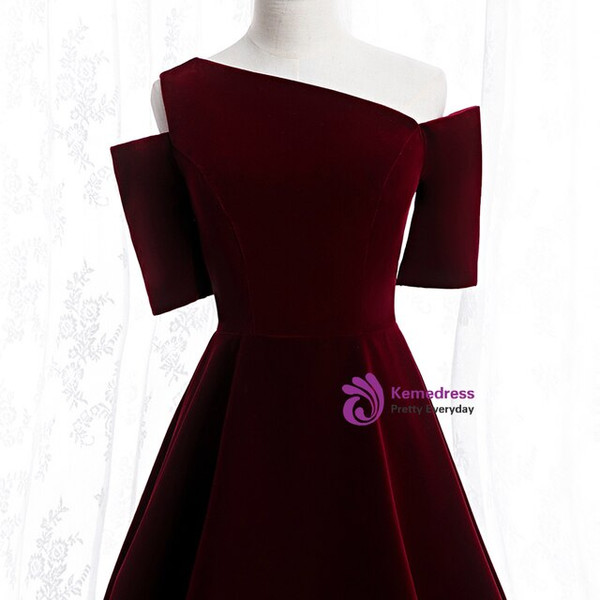 Stunning Dark Burgundy Velvet Irregular Neck Short Sleeve Floor Length Prom Dress 2020