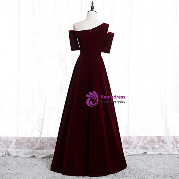 Stunning Dark Burgundy Velvet Irregular Neck Short Sleeve Floor Length Prom Dress 2020