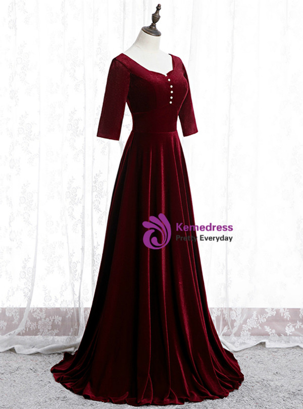 Trendy Dark Burgundy Velvet Short Sleeve Long Prom Dress With Pearls 2020