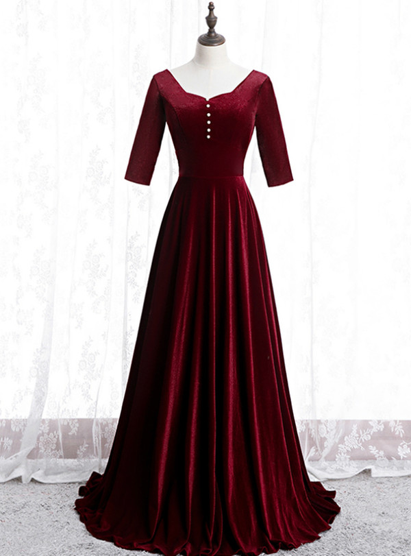 Trendy Dark Burgundy Velvet Short Sleeve Long Prom Dress With Pearls 2020