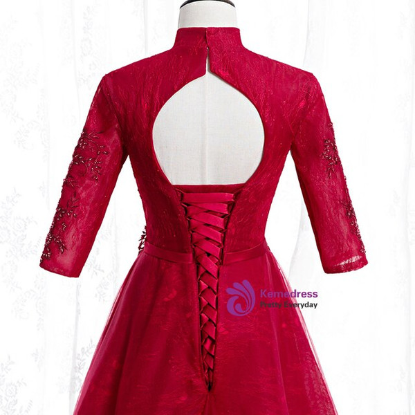 Burgundy Tulle Lace High Neck Short Sleeve Beading Long Prom Dress 2020