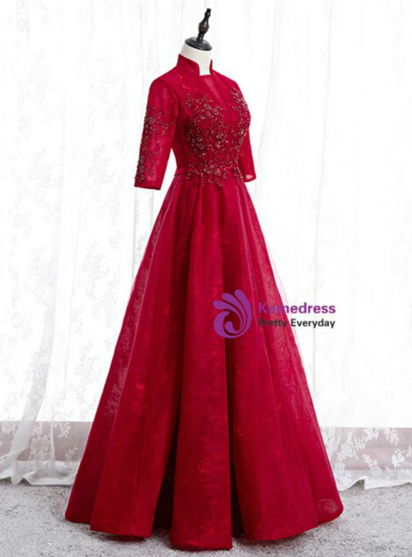 Burgundy Tulle Lace High Neck Short Sleeve Beading Long Prom Dress 2020