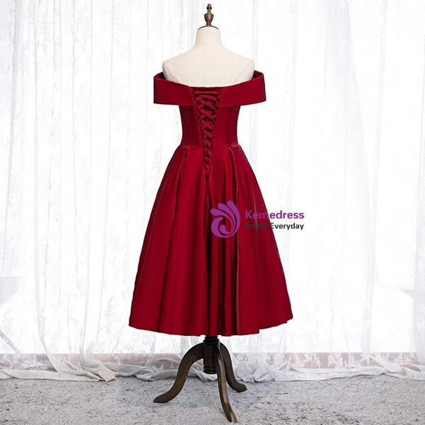 Cheap Burgundy Satin Off the Shoulder Short Tea Length Prom Dress With Button 2020