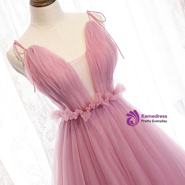 Graceful Pink Tulle Deep V-neck Backless Pleats Prom Dress 2020