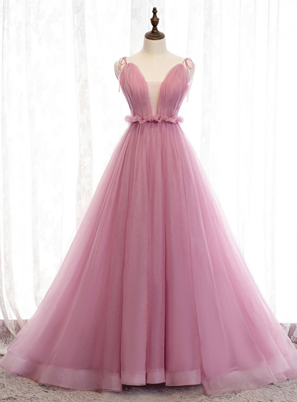 Graceful Pink Tulle Deep V-neck Backless Pleats Prom Dress 2020