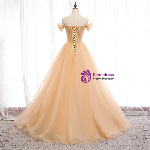 Romantic Gold Tulle Off the Shoulder Beading Formal Prom Dress 2020