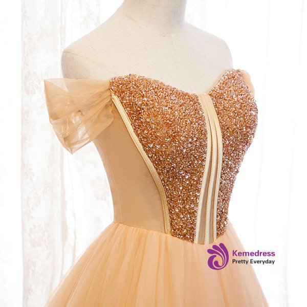 Romantic Gold Tulle Off the Shoulder Beading Formal Prom Dress 2020