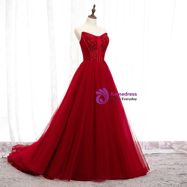 Marvelous Burgundy Tulle Sweetheart Sleeveless Beading Floor Length Prom Dress 2020