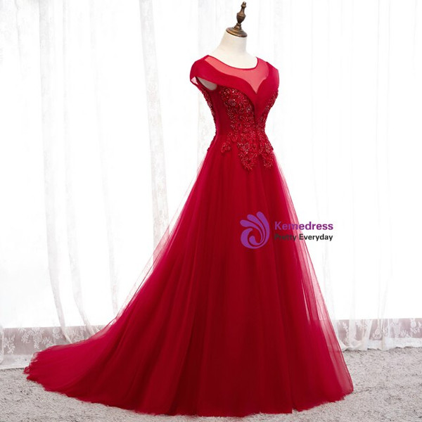 Modern Burgundy Tulle Cap Sleeve Appliques Backless Long Prom Dress 2020