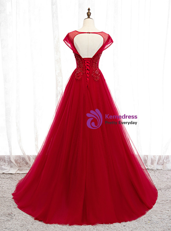 Modern Burgundy Tulle Cap Sleeve Appliques Backless Long Prom Dress 2020